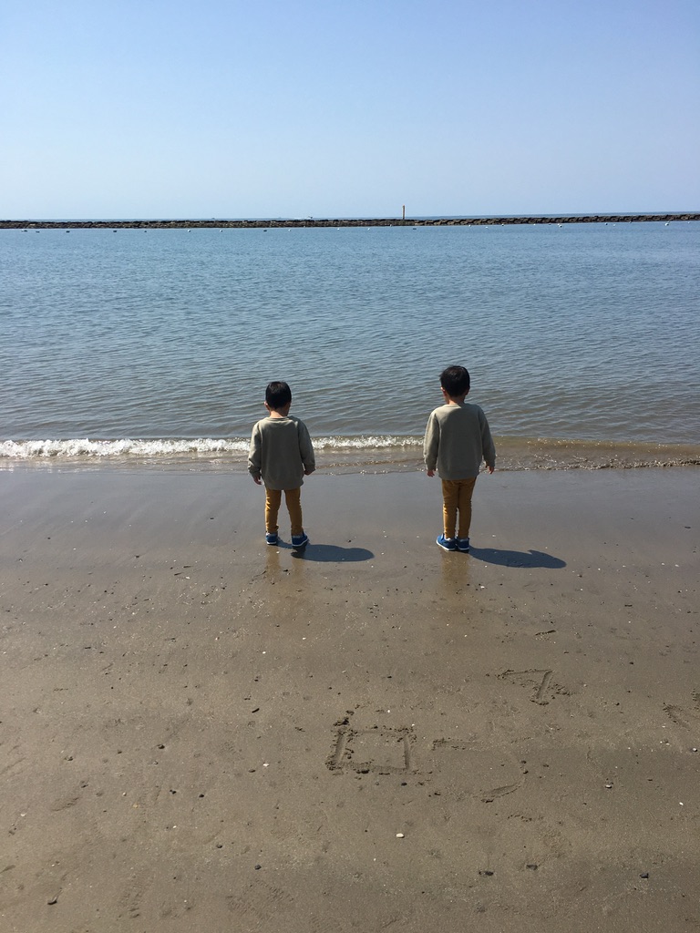 海を見つめる双子男児