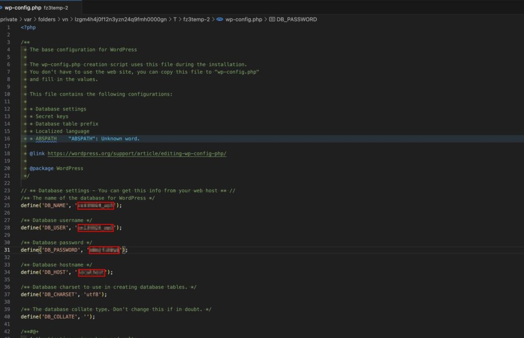 wp-config.phpに記載されているDB_NAME / DB_USER / DB_PASSWORD / DB_HOST