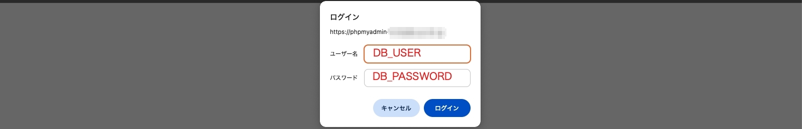 控えておいた DB_USER / DB_PASSWORD を入力してログイン