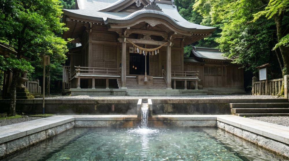 拝殿の足元から自然湧出する温泉
