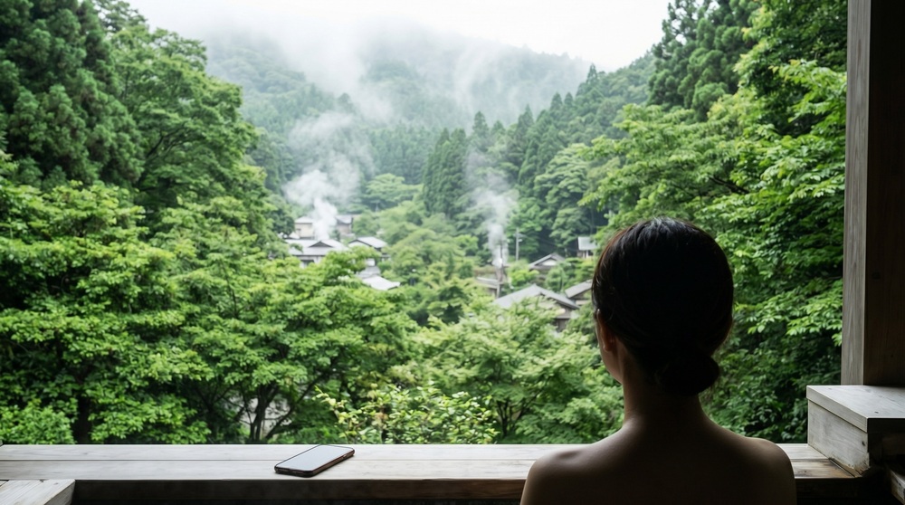 温泉に浸かっている女性の後姿