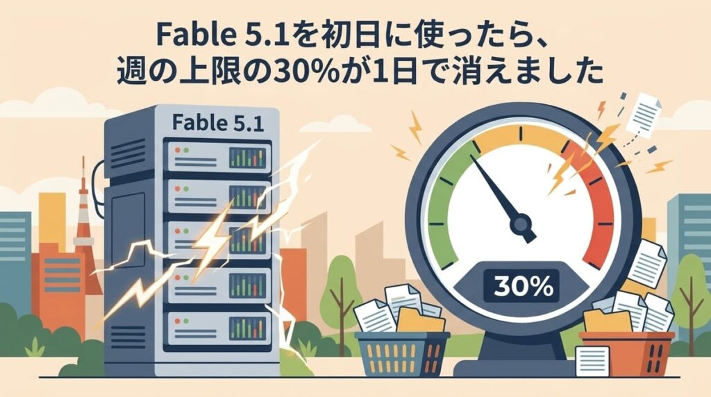 Fable 5.1を初日に使ったら、週の上限の30%が1日で消えました